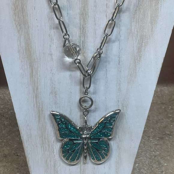 VINTAGE JEWEL KADE OVERSIZE LINK NECKLACE W/ HARVEY LEWIS BIG ENAMEL BUTTERFLY - Picture 1 of 13